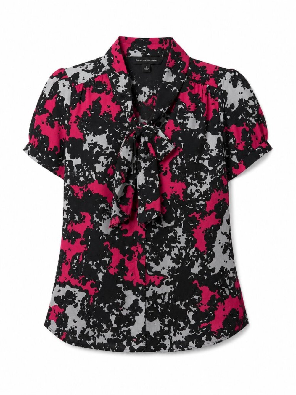 Banana Republic Women's Tie Front Blouse Pink Black Abstract Office Career Top